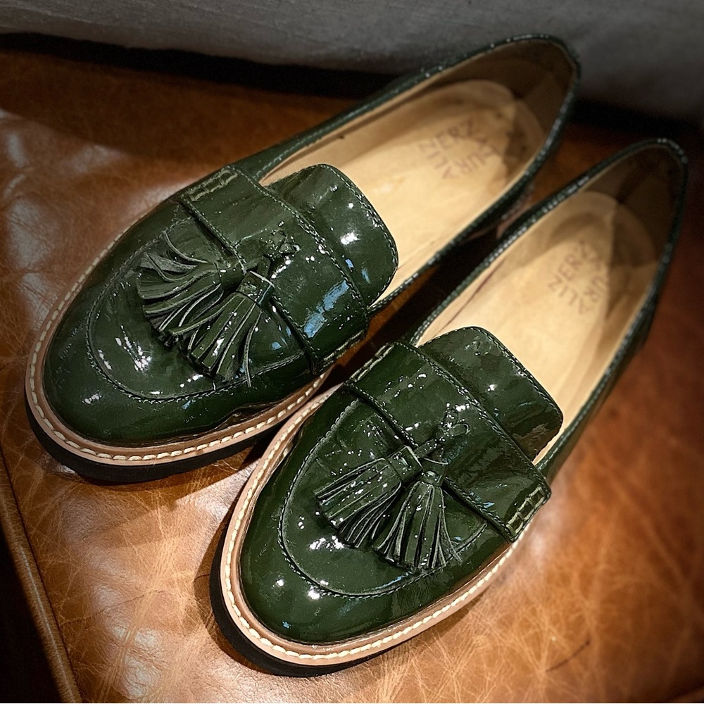 Green patten leather loafers